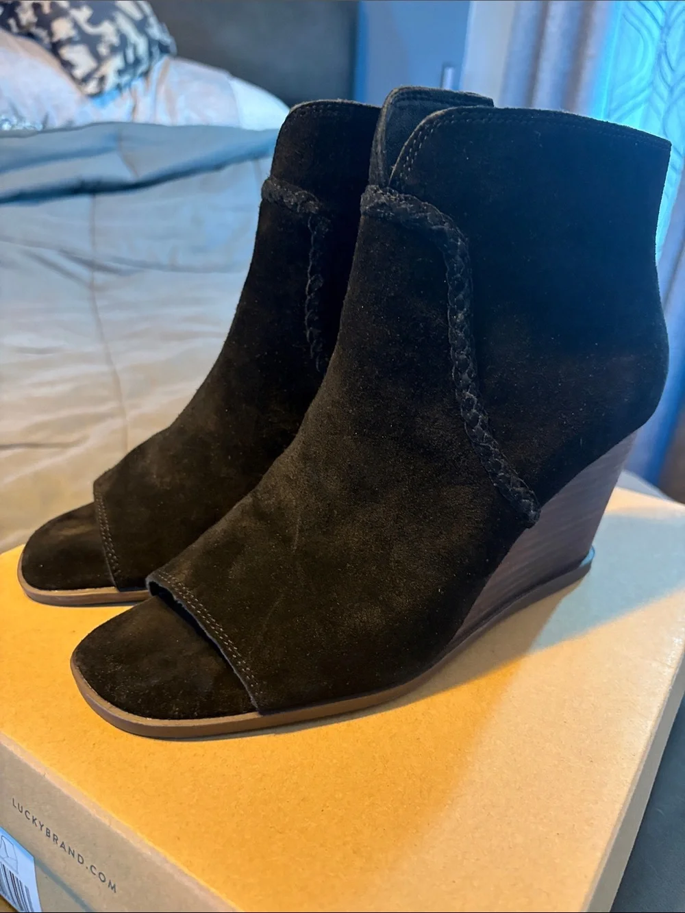 Lucky Brand Black Suede Peep-Toe Wedge Booties with Braided Trim